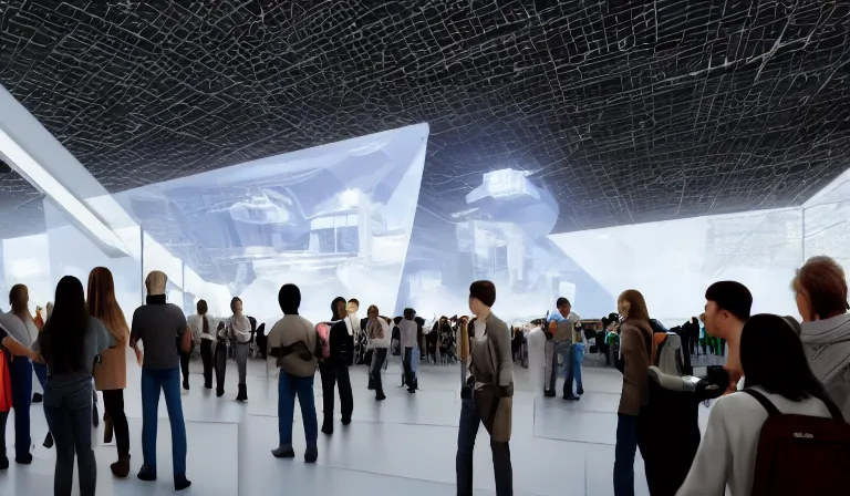 Image similar to crowd of people in simple white museum, looking at hologram of futuristic city on a table, cinematic concept art, godrays, golden hour, natural sunlight, 4 k, clear details, tabletop model buildings, center model buildings, hologram center, crane shot, crane shot, crane shot, white walls