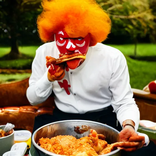 Prompt: Ronald McDonald eating a chicken leg out of a KFC bucket, hyper realistic, photography