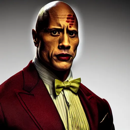 Image similar to Dwayne Johnson as the joker from Batman The dark Knight, cinematic, headshot