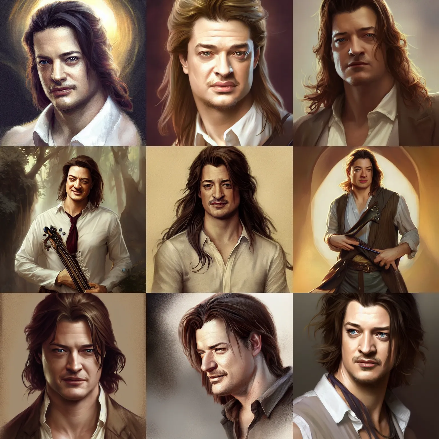 Prompt: smirking male bard, brendan fraser, white shirt, long hair, portrait, D&D, fantasy, highly detailed, digital painting, artstation, concept art, sharp focus, illustration, art by artgerm and greg rutkowski and alphonse mucha