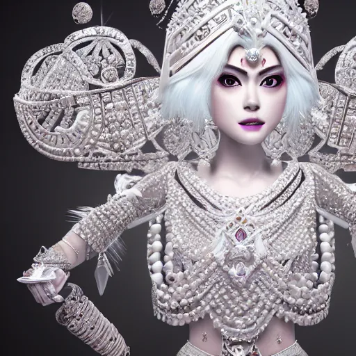 Image similar to portrait of wonderful asian princess of white diamond with fair skin, ornate with white diamonds, 8 k, gorgeous, intricate, detailed, glowing white accent lighting, dramatic lighting, octane render