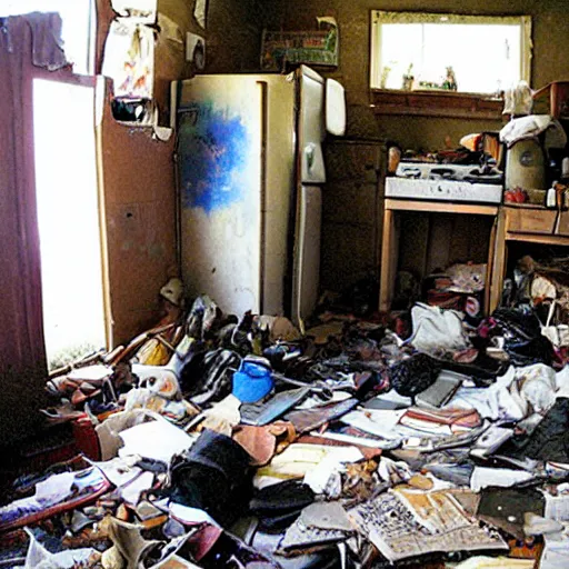 Prompt: photo, interior of a hoarders house, 2005, wistful mood