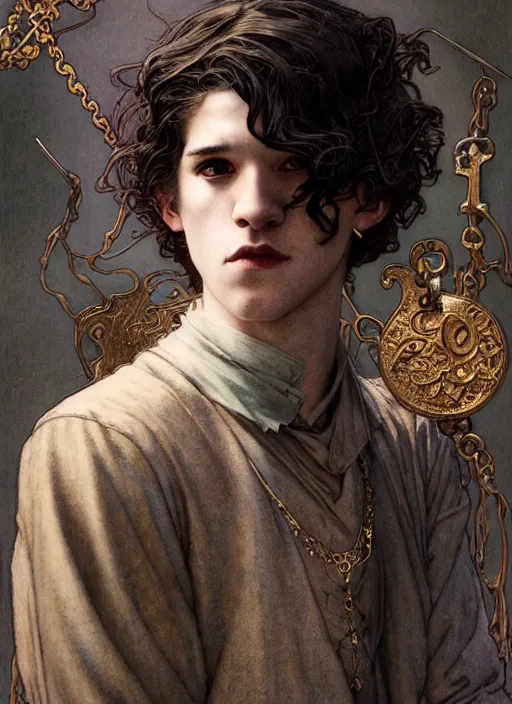 Image similar to edmund dulac, leyendecker, highly detailed portrait, a beautiful androgynous kit harrington, long hair, tall and thin, wearing several pendants, art nouveau, stephen bliss, unreal engine, by greg rutkowski, loish, ferdinand knab, ilya kuvshinov, rossdraws, tom bagshaw, alphonse mucha, global illumination, radiant light