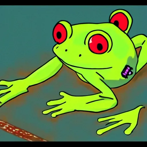 Image similar to cute frog running late for school, in the style of evangelion, cute