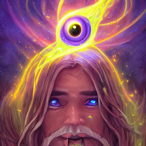 Prompt: giant eye magic spell casting surrounded by magic smoke with some floating magic cards in front of the eye, hearthstone coloring style, epic fantasy style art, fantasy epic digital art