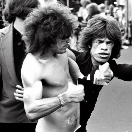Image similar to Mick Jagger fighting Elton John in the street. 1978. Still from CNN broadcast news