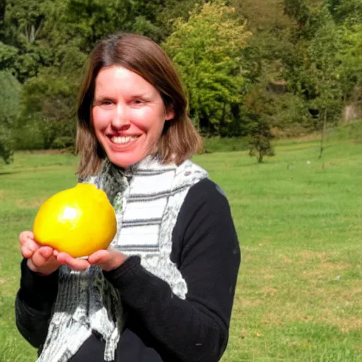 Prompt: Julia Davis holding a lemon