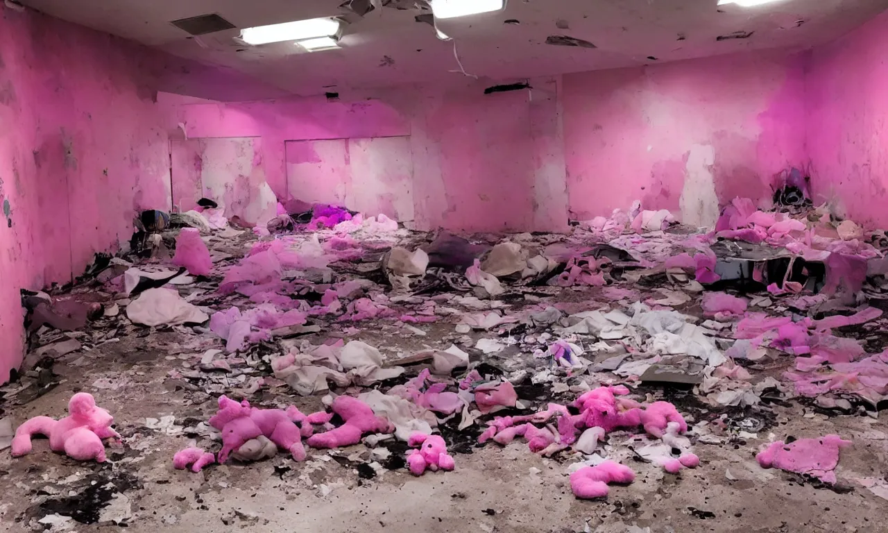 Image similar to backrooms abandoned mall, ominous neon pink and purple vaporwave lighting, moldy walls and stuffed animals sitting in shallow water