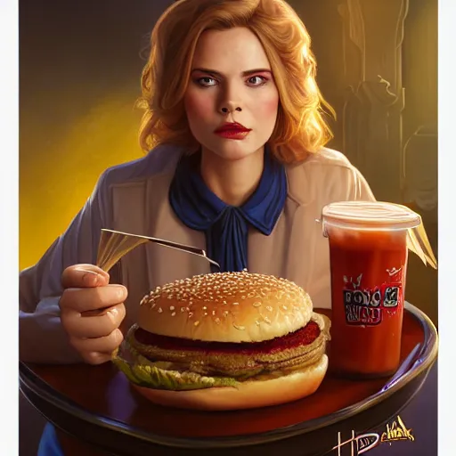 Prompt: portrait of Howard The Duck eating hamburgers, extra onions and ketchup, luscious patty with sesame seeds, feminine ethereal, handsome, D&D, fantasy, intricate, elegant, highly detailed, digital painting, artstation, concept art, matte, sharp focus, illustration, art by Artgerm and Greg Rutkowski and Alphonse Mucha