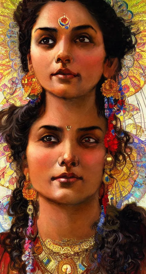 Image similar to close up a beautiful Indian doctor in Texas, sun shining, photo realistic illustration by greg rutkowski, thomas kindkade, alphonse mucha, loish, norman rockwell.