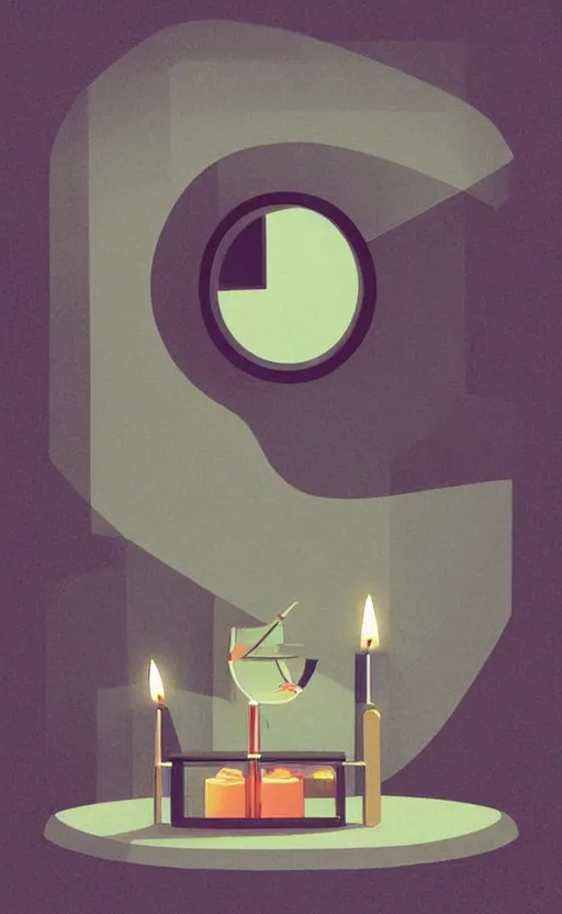 Image similar to illustration with a set of beautiful scented candles, close - up photo in cozy interior, candle lighting, shadow play, light refraction, mirror, glowing, pinterest, an art deco painting by tom whalen, trending on behance, art deco, digital illustration, storybook illustration, grainy texture, flat shading, vector art, airbrush, pastel, watercolor, poster