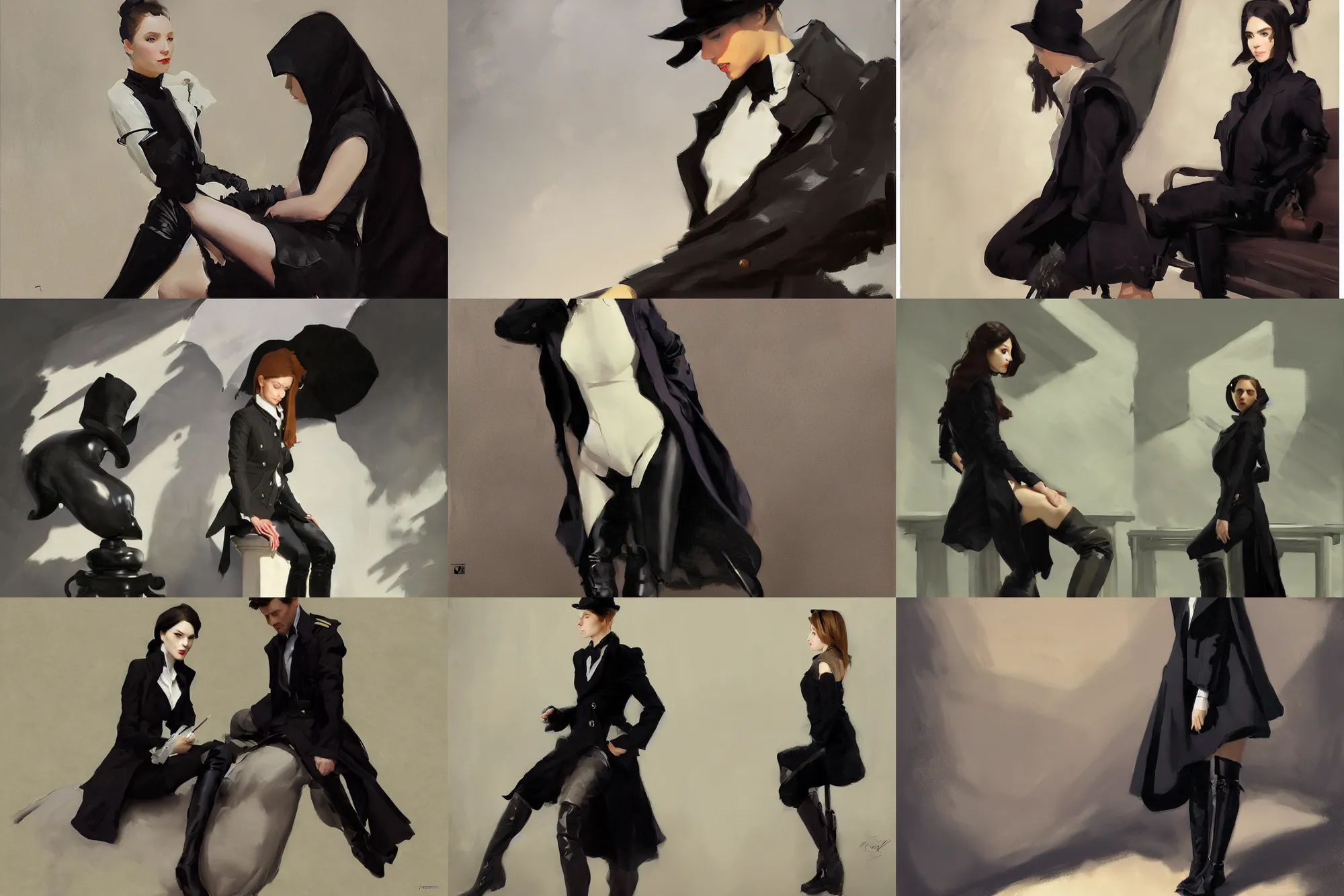 Image similar to black white cloth fabric jodhpurs knee high boots travel coat fashion, portrait in sitting pose, greg manchess painting by sargent and leyendecker, studio ghibli, fantasy, asymmetrical, intricate, elegant, matte painting, illustration, hearthstone, by greg rutkowski, by greg tocchini, by james gilleard, by joe fenton