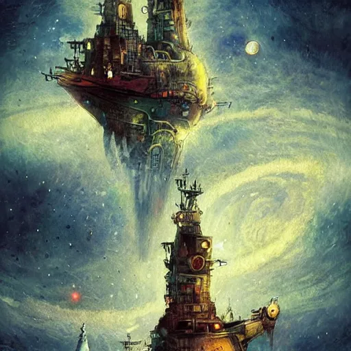 Image similar to a ship with many buildings built in to it flying through space, alexander jansson, artstation