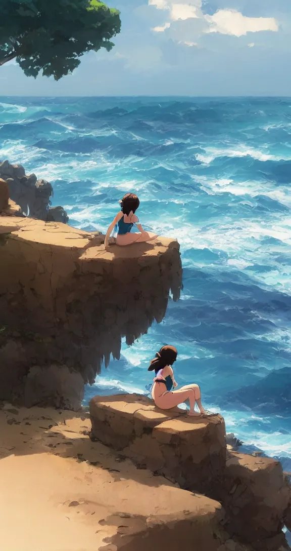 Prompt: Sitting on the rocks Looking out at the waves, lots of ocean, uncluttered, tropical, bright, simple, by Studio Ghibli and Greg Rutkowski, artstation