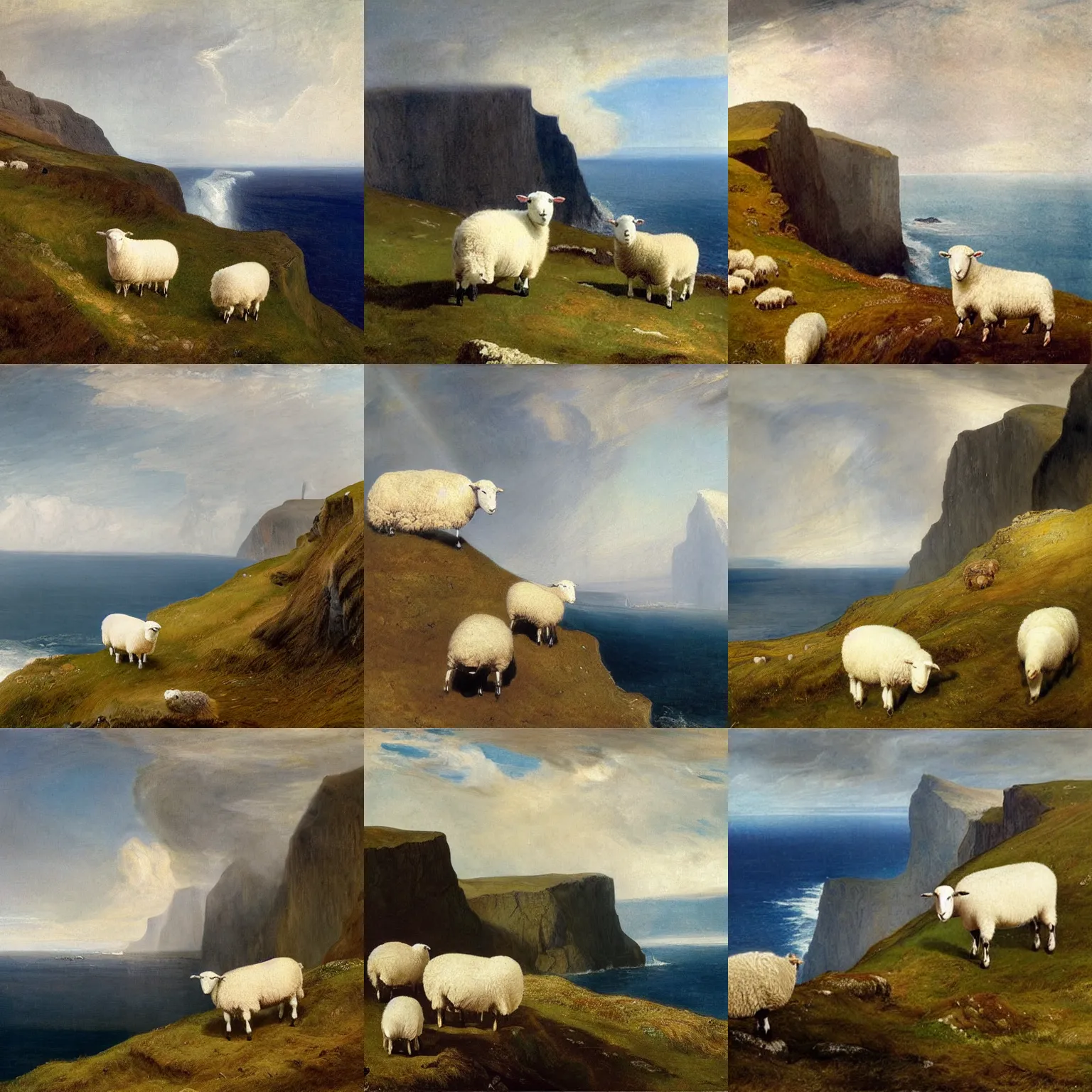 Prompt: faroese landscape. a cliff in the left background. white sheep in the foreground looking at the cliff. by william turner