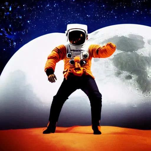 Image similar to an astronaut moonwalk dancing on the moon, kpop style colors, smokey background, still cut