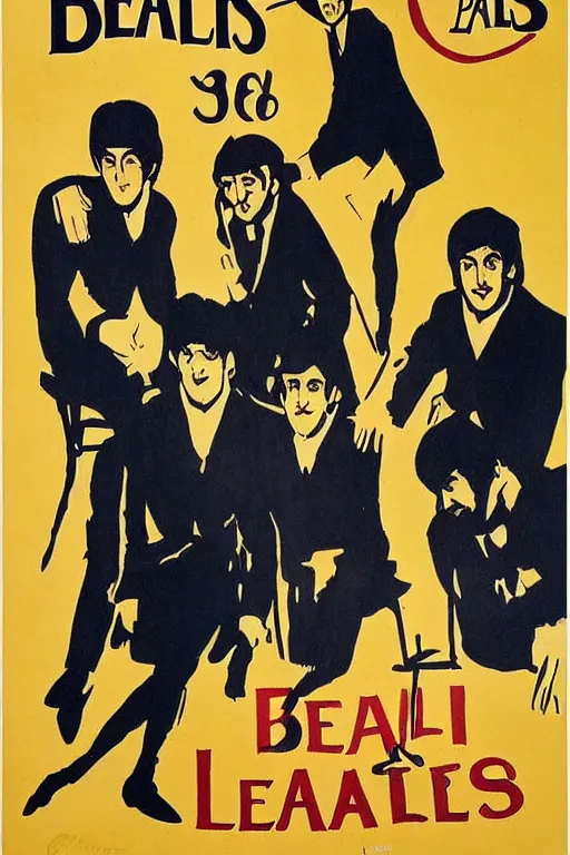 Prompt: poster announcing a Beatles concert in a french cabaret, john lennon, paul mccartney, ringo starr, by Toulouse-Lautrec, 4k,