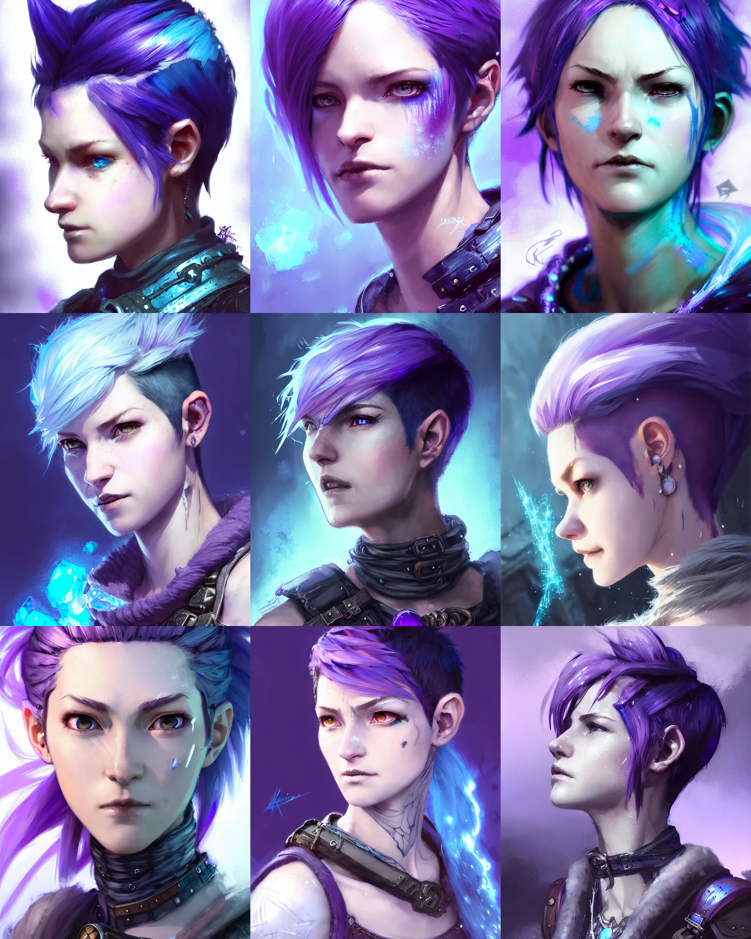Prompt: Portrait of rugged adult female adventurer, D&D fantasy magic, pixie undercut hairstyle, black to purple fade hairstyle, cold ice magic, blue light, intricate, highly detailed, digital painting, artstation, concept art, sharp focus, art by Akihiko Yoshida, Greg Rutkowski, 4k resolution, nier inspired, graffiti inspired, vibrant but dreary