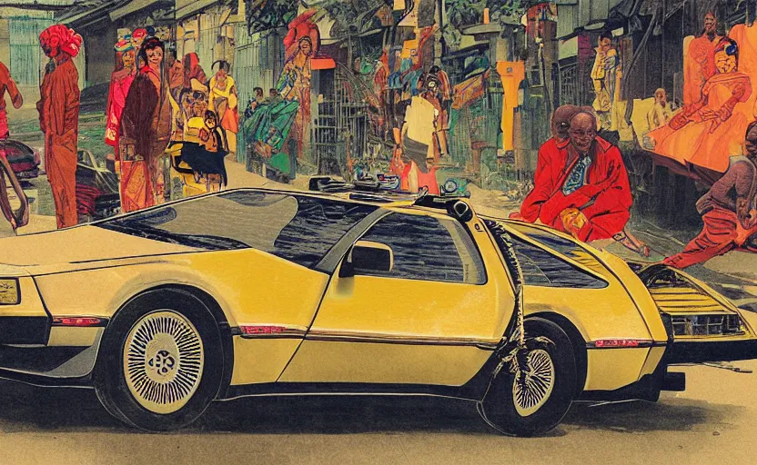 Image similar to a red delorean and a yellow tiger in ajegunle slum of lagos - nigeria, painting by hsiao - ron cheng, utagawa kunisada & salvador dali, magazine collage style,