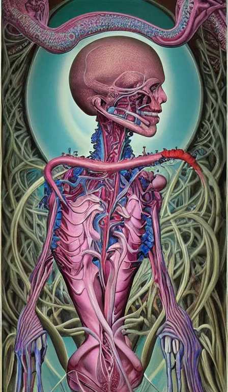 Prompt: a biomorphic painting of the empress tarot card! a anatomical medical illustration by nychos and alex grey, cgsociety, neo - figurative, pastel blues and pinks, detailed painting, rococo, oil on canvas, lovecraftian