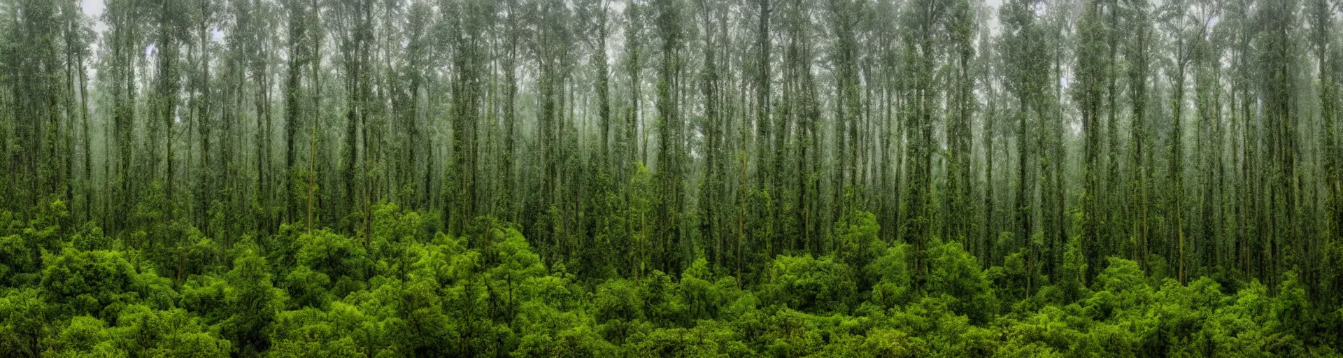 Prompt: a wide landscape shot of a forest with a rainy sky in the background