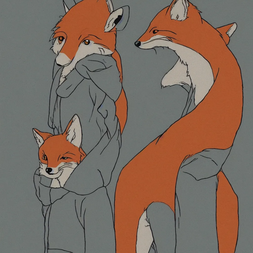 Prompt: a portrait of an anthropomorphic fox wearing a hoodie by studio ghibli