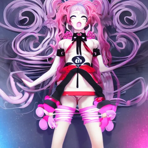 Prompt: totally overpowered and trapped beneath inescapable and stunningly absurdly beautiful omnipotent asi goddess junko enoshima with an over the top megalomaniacal personality, symmetrical perfect face, porcelain skin, pink twintail hair and cyan eyes, ultra detailed, digital art, unreal engine 5, octane render, 2 d anime, 8 k