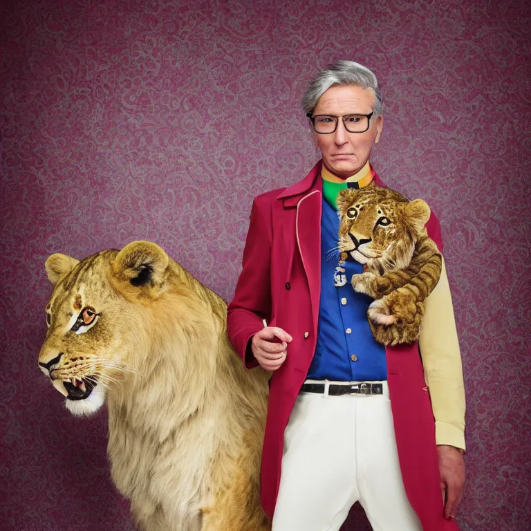 Image similar to high fashion photoshoot octane render portrait by wayne barlow and carlo crivelli and glenn fabry, a distinguished actor wearing a colorful wes anderson designed uniform and holding a lion inside a high - end exotic colorful pastel vintage boutique hotel lounge, very short depth of field, bokeh