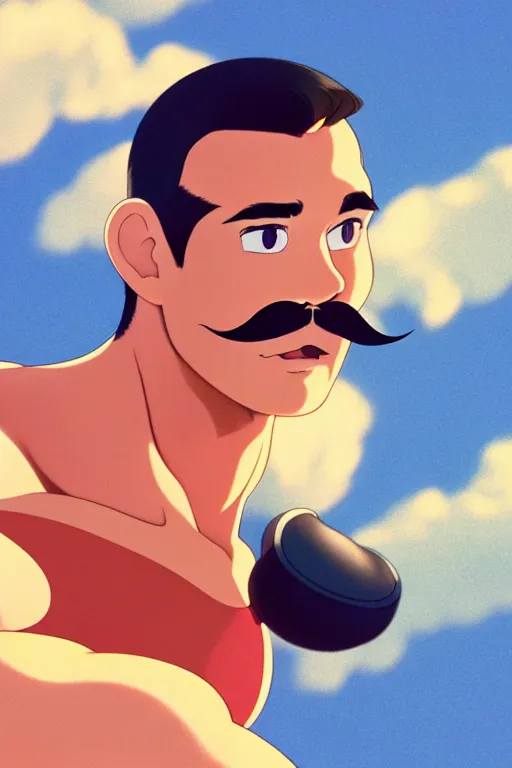 Prompt: animation still frame of an athletic man with a mustache, high angle closeup portrait, blurry background of a gym room, disney, pixar, bloom, medium shot, dramatic lighting, in the style of studio ghibli, j. c. leyendecker, greg rutkowski, artgerm