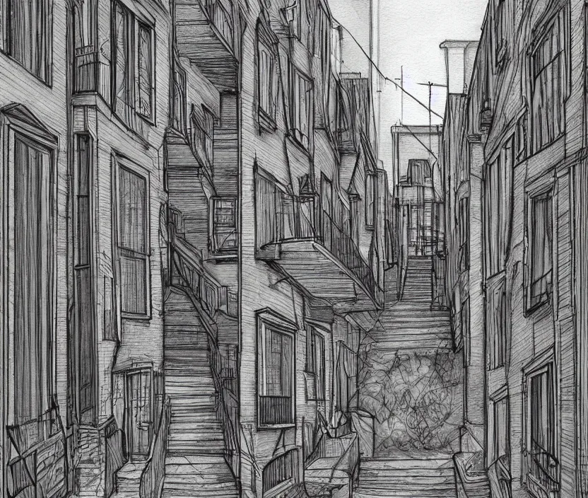 Image similar to A long hallway strip of tall houses on the left and right side of a neighborhood in the fall months, rotoscoped, rotoscope, photoshop, photomanipulation, realism, painting, illustration and sketch, weird scribbles, hybrid styles, hybrid art styles, mismatched, trending on artstation, trending on deviantart, weird, quirky, interesting, very detailed, highly detailed, HD Quality, 4k resolution, 8k resolution, colored with orange brown yellow and red, in the style of David Firth, in the style of James Lee, in the style of Drue Langlois,