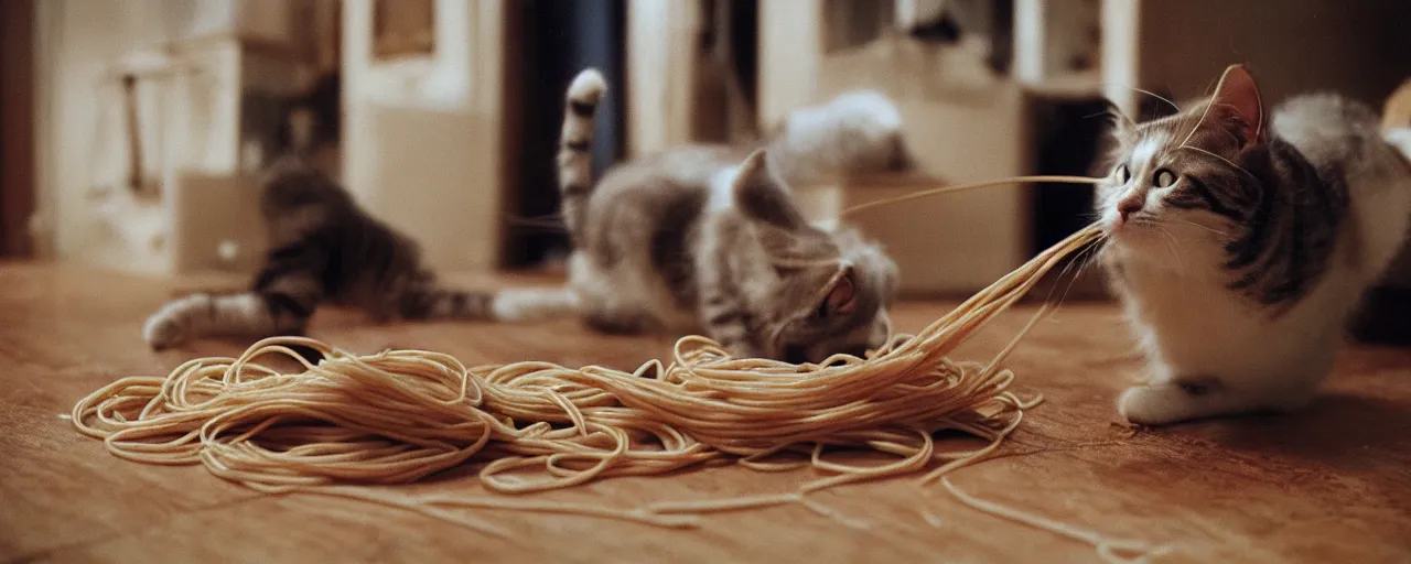 Image similar to 1 single cat playing with spaghetti in an apartment, small details, intricate, sharply focused, canon 5 0 mm, wes anderson film, kodachrome