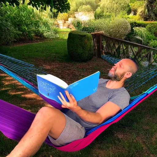 Prompt: my italian wise friend on a hammock, reading the book about love