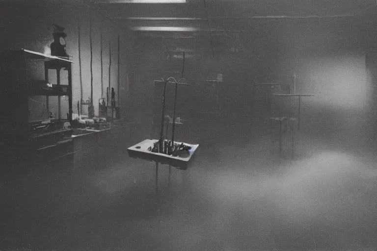 Image similar to experiment, laboratory, 1985, creepy, haunted, fog, atmospheric