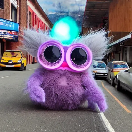 Image similar to giant furby spider attacking a small town