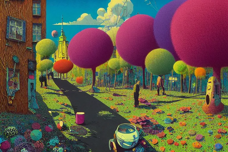 Image similar to surreal glimpse into other universe, jalan - jalan cari makan, summer morning, very coherent and colorful high contrast, art by!!!! gediminas pranckevicius!!!!, geof darrow, floralpunk screen printing woodblock, dark shadows, hard lighting, stipple brush technique,