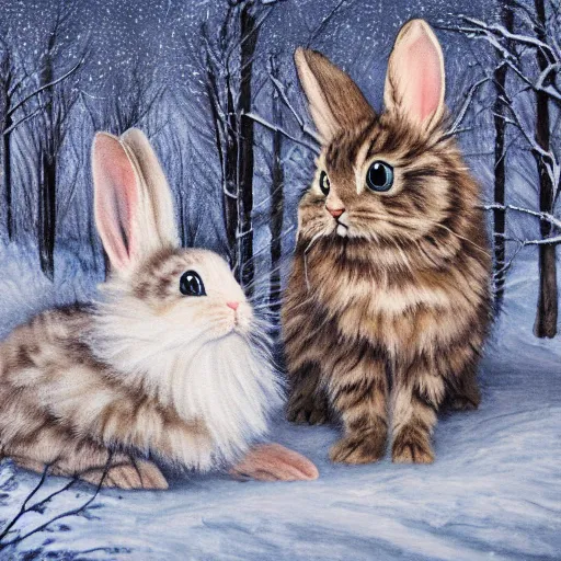 Prompt: hybrid animal mix between cute fluffy tan lop eared bunny rabbit and fluffy grey striped tabby kitten in winter forest landscape detailed painting 4k