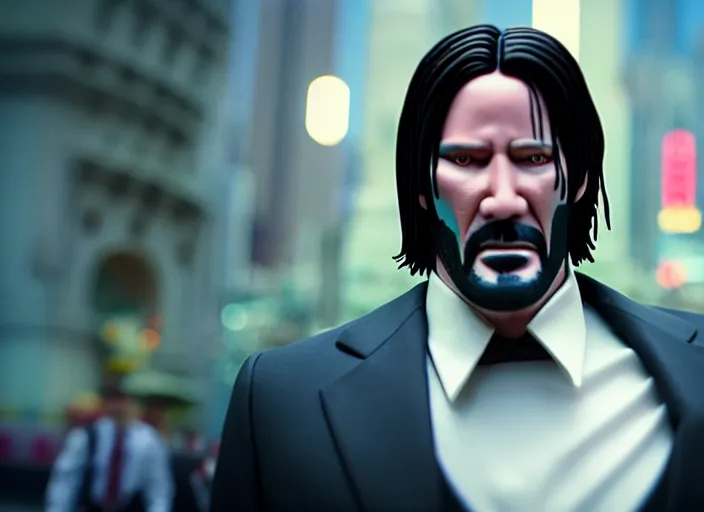 Prompt: cinematic screenshot cinestill portrait of a stop motion claymation film, john wick, in focus, shallow depth of field, 1 8 mm, f 1. 8, sharp details