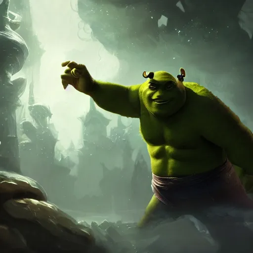 Image similar to Portrait of Shrek, League of Legends amazing splashscreen artwork, splash art,natural light, elegant, intricate, fantasy, atmospheric lighting, by Greg rutkowski, league of legends splash art, hd wallpaper, ultra high details