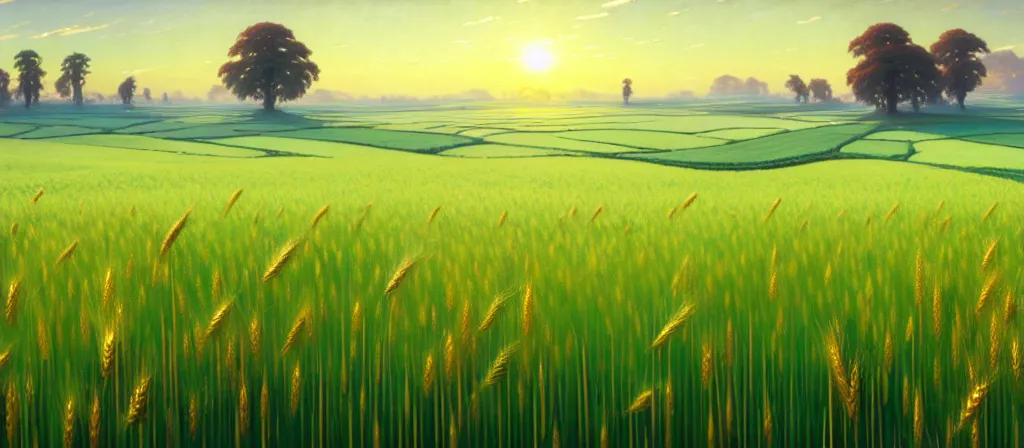Prompt: a vast fairy - tale wonderland painting of a field of healthy wheat ready for the harvest, the blades green and tall, the stalks vibrant and alive with energy. by greg rutkowski, hayao miyazaki, studio ghibli smooth concept art, 4 k matte thomas kinkade, ted nasmith, key art, artstation, alphonse mucha, incredible amazingly beautiful oil painting