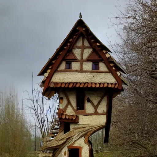 Image similar to a medieval European cottage standing on chicken leg stilts