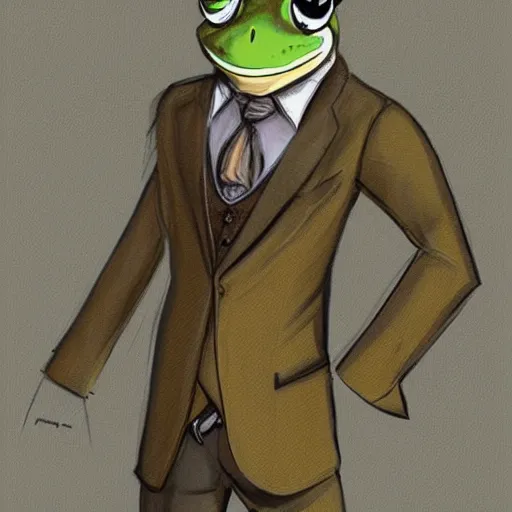 Image similar to “ frog in brown three. piece suit with pocket watch, concept art style ”