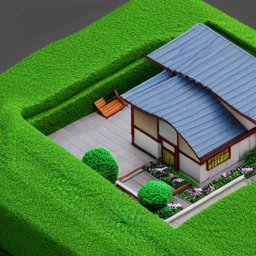 Image similar to isometric Japanese home with garden, aerial view, blender render, 3D model