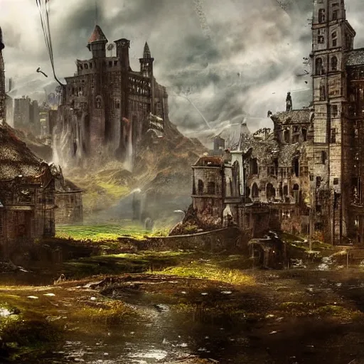 Image similar to a humongous city abandoned on the medieval highlands biome, digital art, wet reflections, intricate details, fantasy, hyper realism, humongous view, rtx, smooth, cinematic