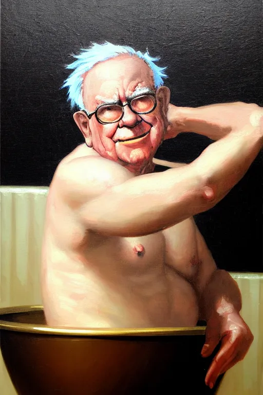 Image similar to baroque oil painting of anime key visual concept art of warren buffet sitting in a bathtub full of usd cash money, award winning, trending on artstation, palette knife! and brush strokes, oil on canvas, makoto shinkai greg rutkowski studio ghibli