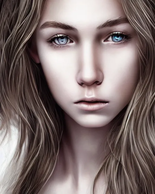 Image similar to portrait of 1 6 - year - old woman with dirty blonde hair down to her waist, pale eyebrows and protuberant silver eyes, wearing white shirt, hyper realistic face, beautiful eyes, character art, art by mark brooks, hyperdetailed, cryengine, trending on artstation, digital art