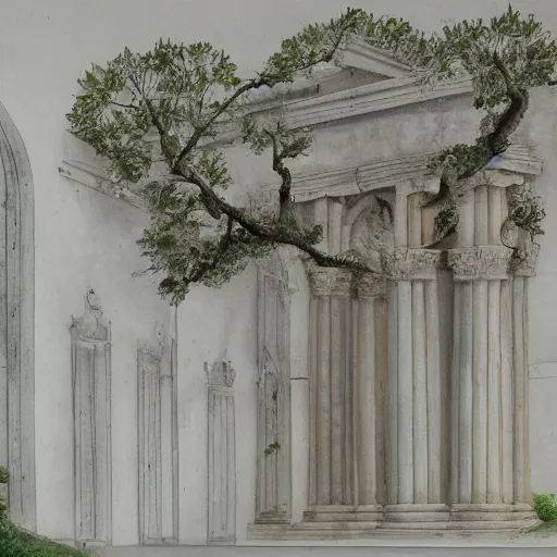 Image similar to delicate marble garden on paper, stony, puffy, botanical herbarium, botanic watercolors, iridescent, 8 k wide angle, realistic shaded, fine details, artstation, italian, colonnade, oak tree, hydrangea, gardena architecture, pompeii