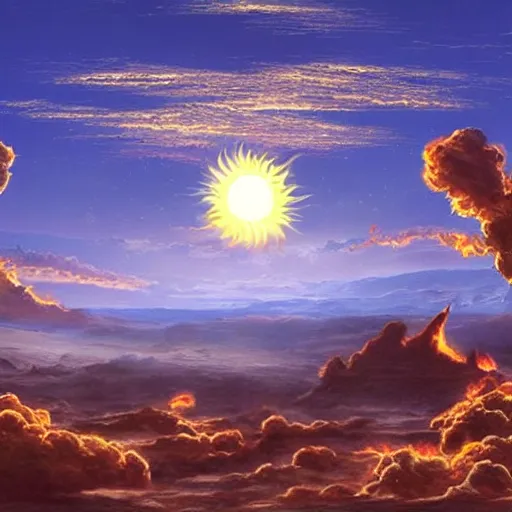 Image similar to giant fiery sun takes up most of the sky, two men look out over the horizon of a desert with plants on fire, highly detailed intricate matte painting