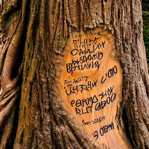 Prompt: ultra wide fisheye photo if a hiker accidentally carving their name into the bark at the base of a gigantic tree ent's leg, which looks down at him from high above angrily, trending on artstation hyperreal