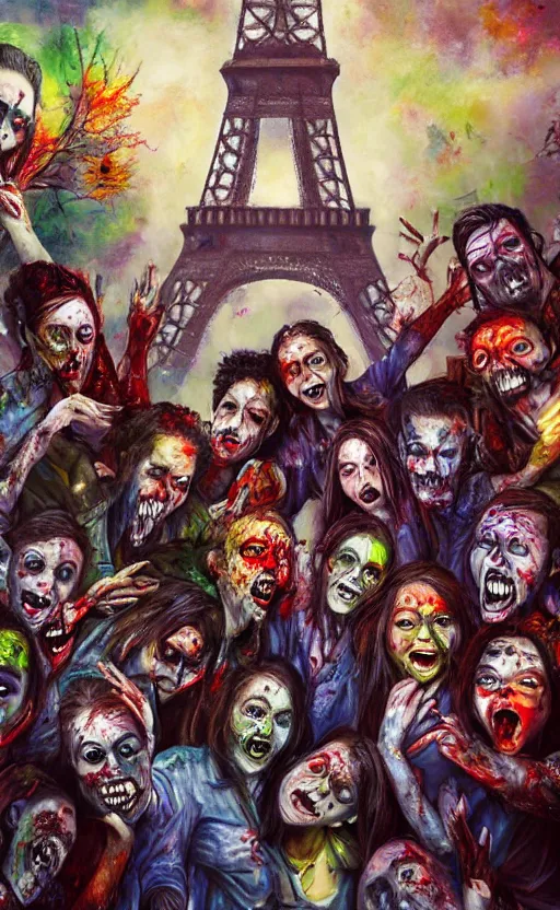 Prompt: beautiful detailed photorealistic painting of a group of friends dressed as zombies in front of the eiffel tower. the friends are happy and having fun. vibrant, high quality, vibrant colors, very funny, beautiful, hq. hd. 4 k. award winning. trending on artstation