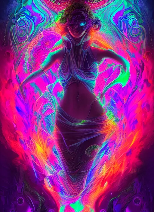 Prompt: psychedelic [ [ [ [ chemiluminescence ] ] ] ] elegant woman chakra spirit with smoke and fluid dynamics, colorful, psychedelic, ornate, intricate, digital painting, concept art, smooth, sharp focus, illustration, blacklight reacting, art by artgerm and greg rutkowski